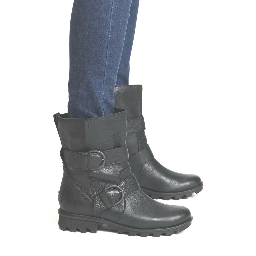 Sorel Phoenix Moto Boots Black Waterproof Leather Buckle Lug NL3009-010 Size 7